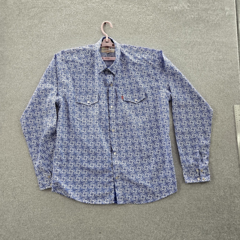 Levi's Men‎ Button Up Shirt XL Blue Geometric Western Long Sleeve Pearl Snap